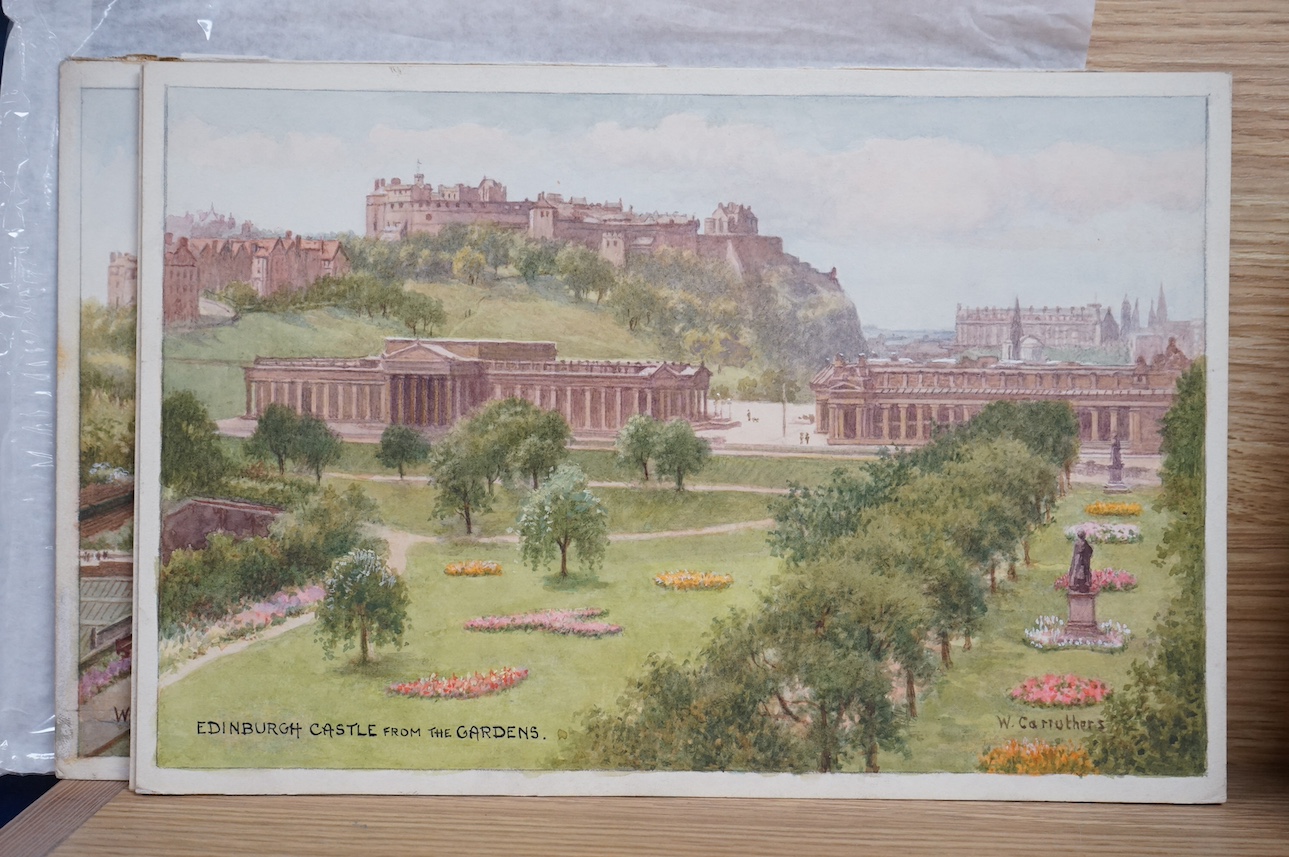 William Affleck, (Aka Carruthers, 1868-1943), a set of six original watercolours for post card designs, Edinburgh scenes to include; ‘Holyrood Place’, ‘Edinburgh Castle’, ‘Scottish National War Memorial’ and ‘Princes Str